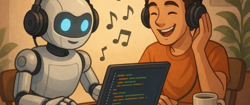 An AI generated image of a robot working on a laptop while a human is listening to music next to it.